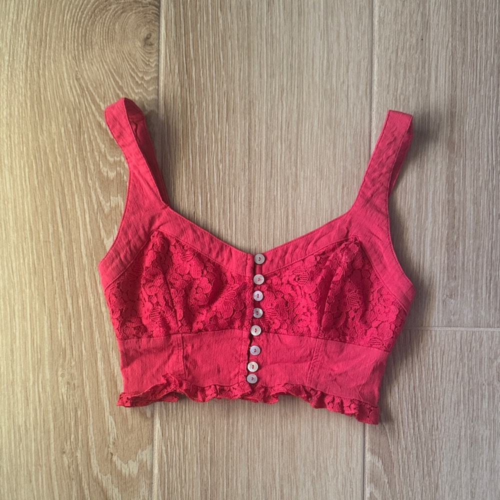 Red Free People Lace Detail Button-Up Crop Top